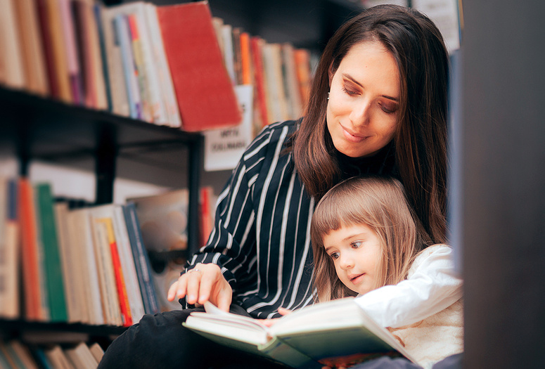 Mother and child at the library.